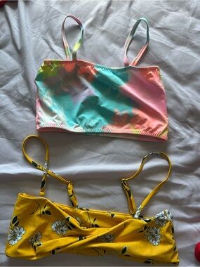 Tie-Dye Pastel Crop Bikini Top & Yellow Floral Bikini Top Set